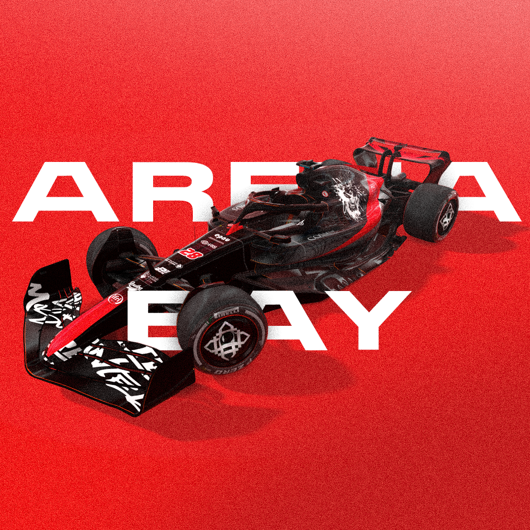 Arena Bay architectural identity visual with a race car on a vivid red field