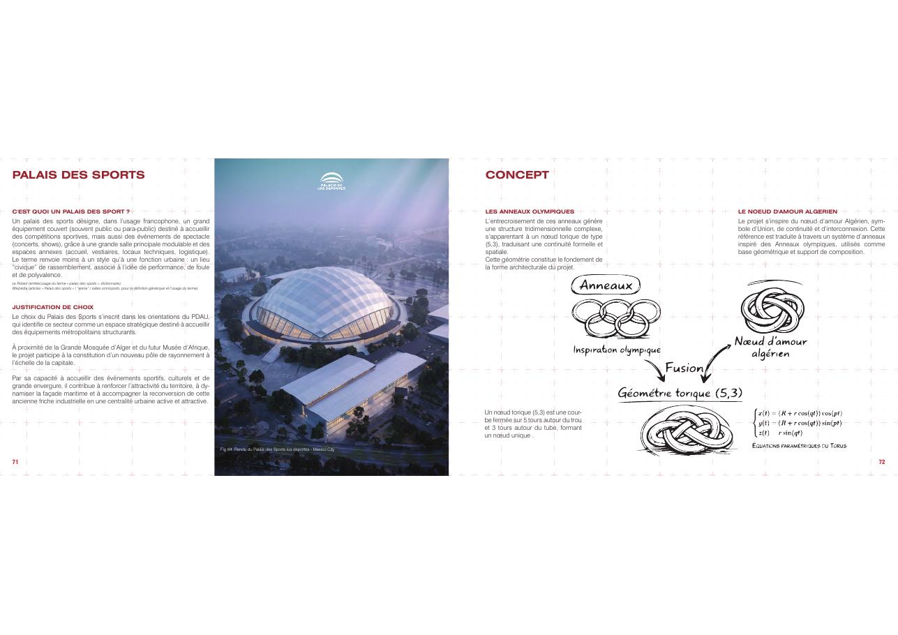 Arena Bay architectural concept page with project references and the Algerian love knot