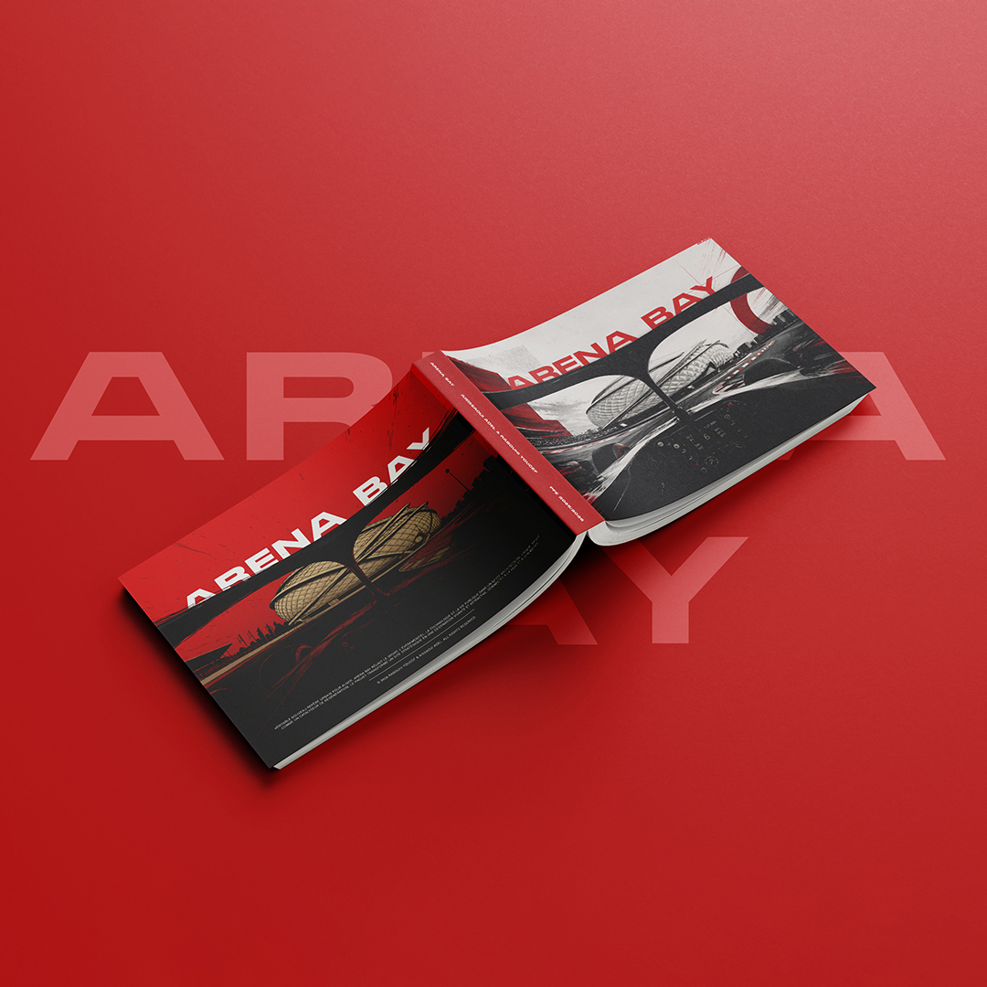 Arena Bay architectural report shown as a red and black book mockup