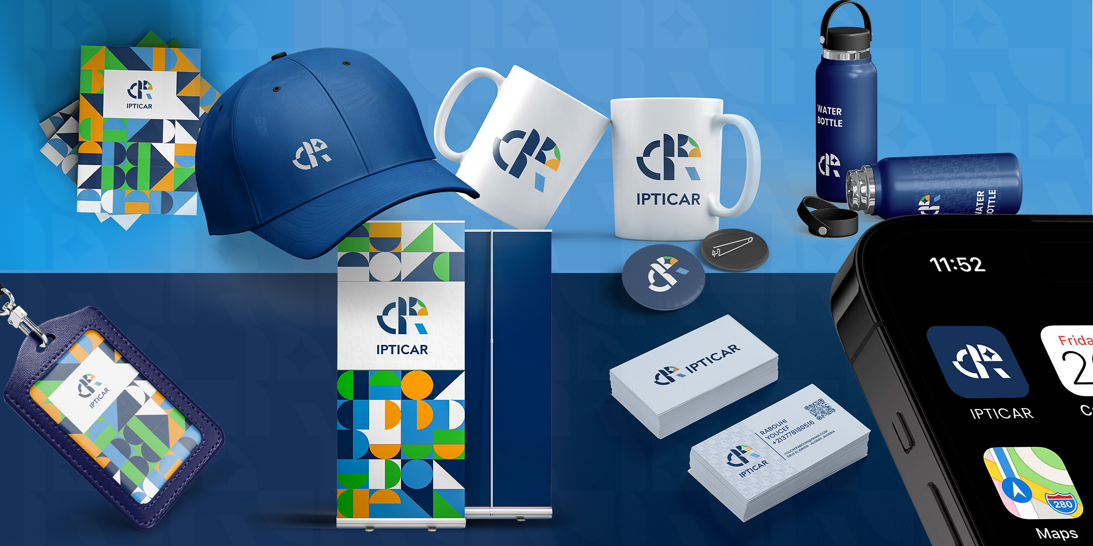 IPTICAR identity applied across stationery, merchandise, signage, and a mobile icon