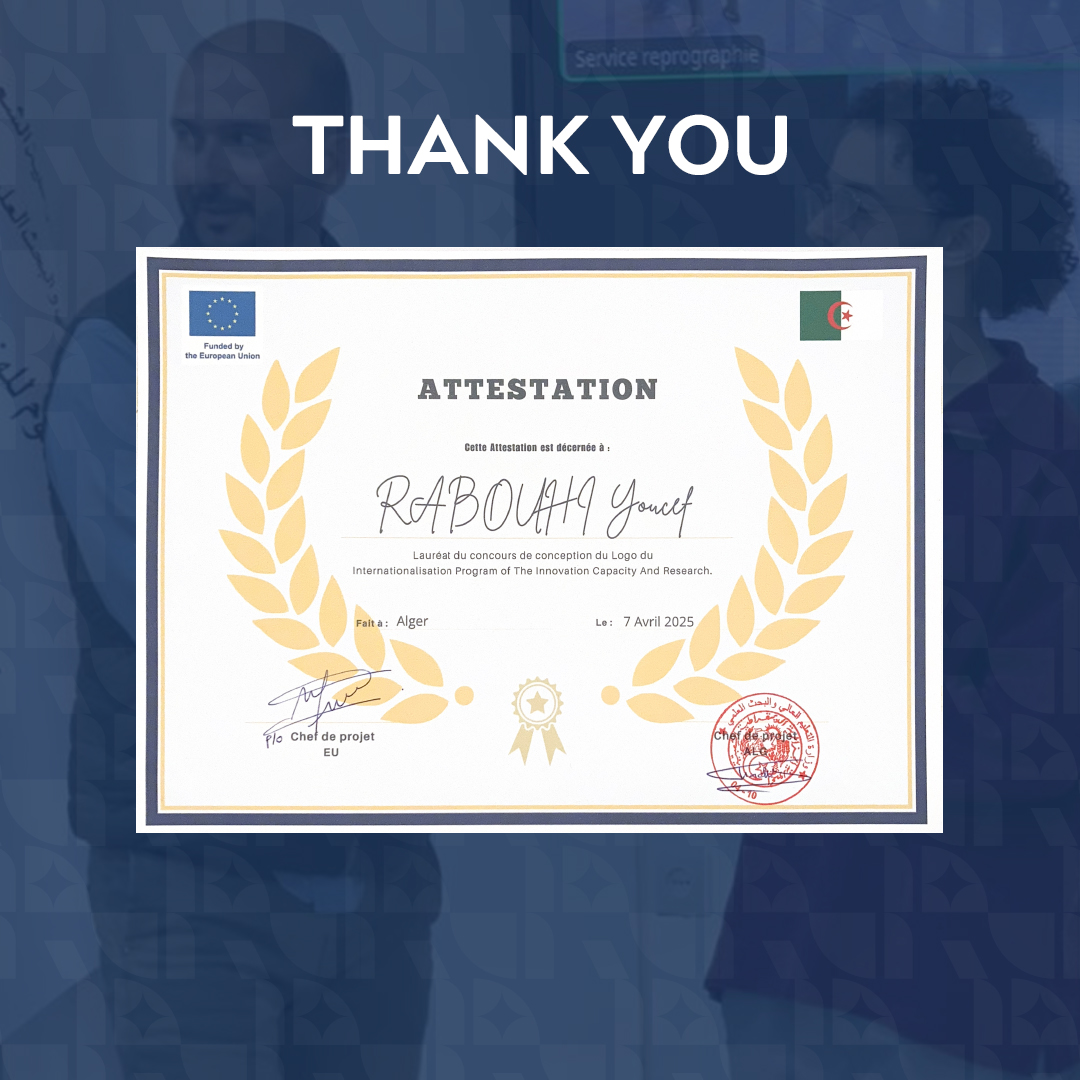 Certificate naming Rabouhi Youcef as laureate of the IPTICAR logo-design competition