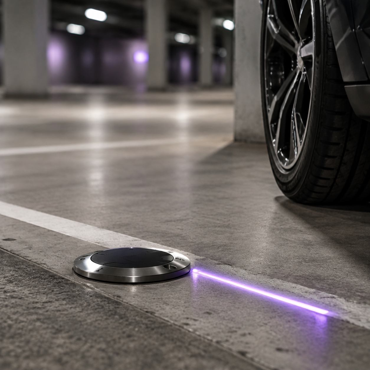 Smart parking sensor and violet guide light beside a parking bay