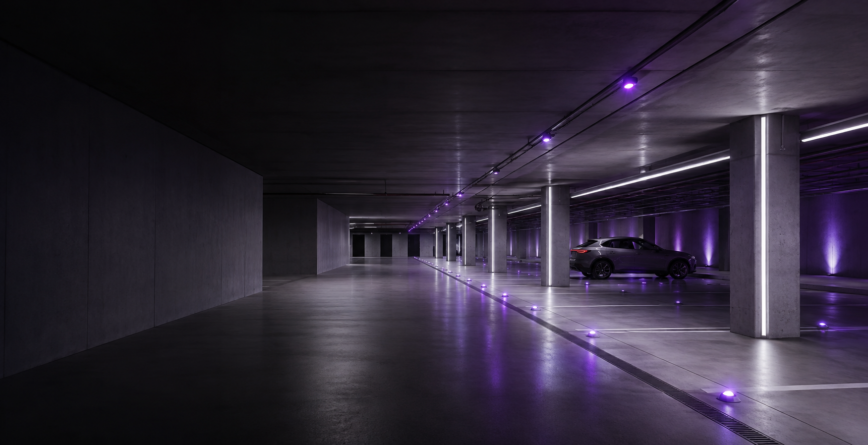 Contemporary smart parking environment with violet guidance lighting
