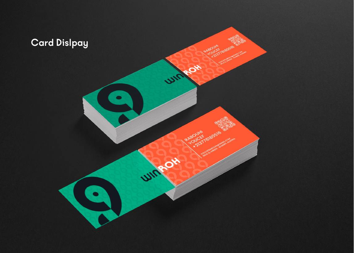Win Nroh orange and green business card display