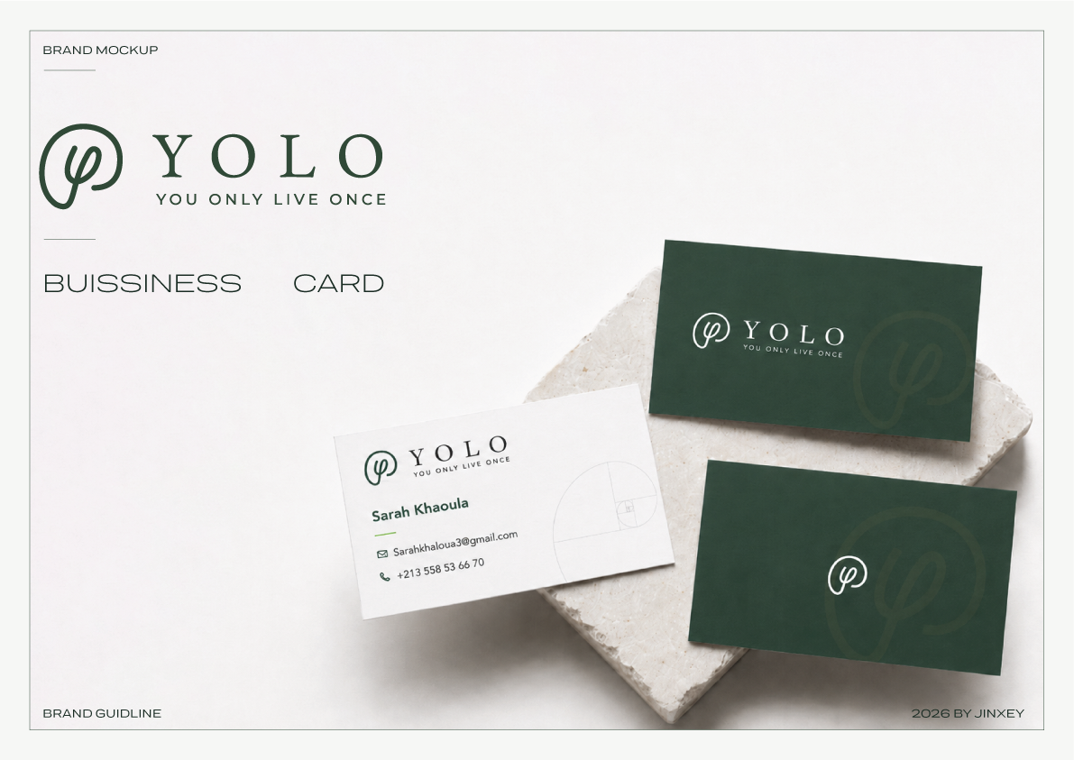 YOLO business card applications in green and white