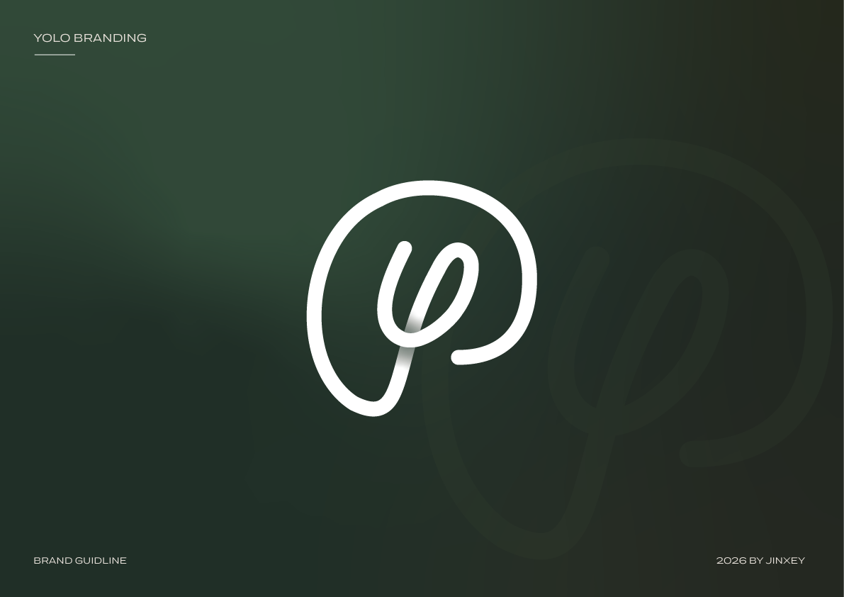 YOLO brand guideline cover with a white spiral monogram on forest green